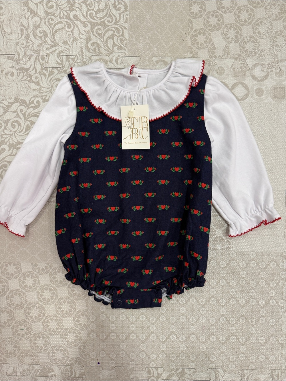 Navy Heart Romper with White Ruffled Collar